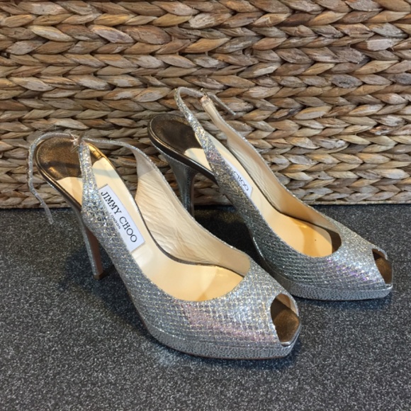 Jimmy Choo Silver “Nova” Peep Toe Heels - Picture 7 of 16